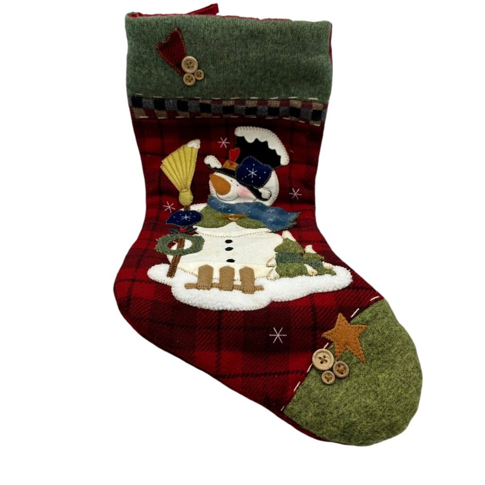 Vintage Christmas Stocking With Snowman Button Accents 18" Holiday Decoration